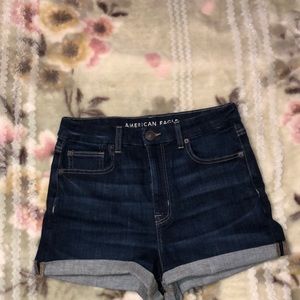 American eagle next level stretch high waisted dark blue denim shorts.